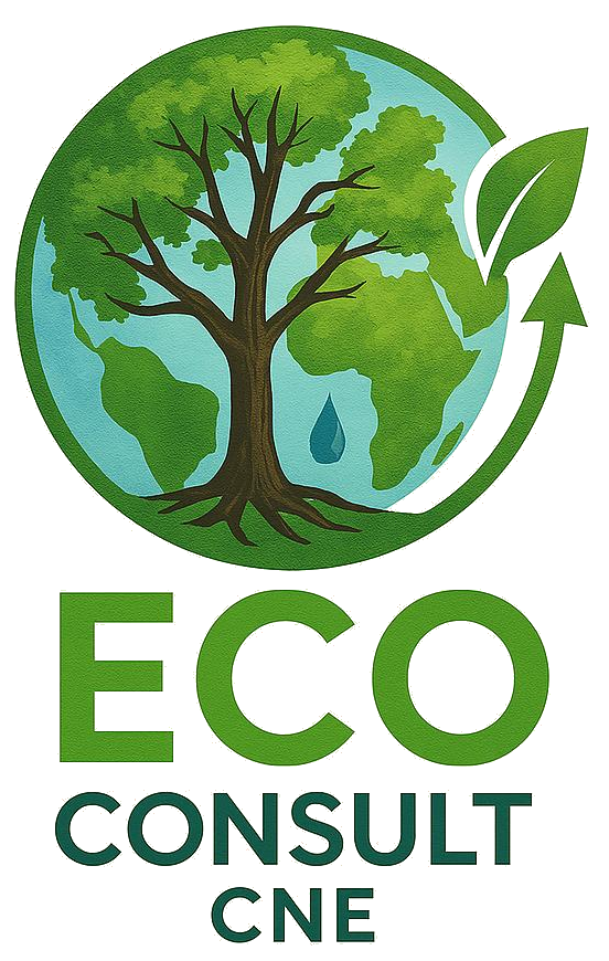 Sigla ECO Consult CNE cu arbore și glob verde-albastru